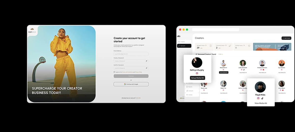 Two screen designs of the iconDesk dashboard