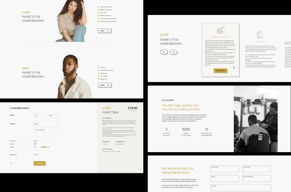 Five screen designs of 3D salon website