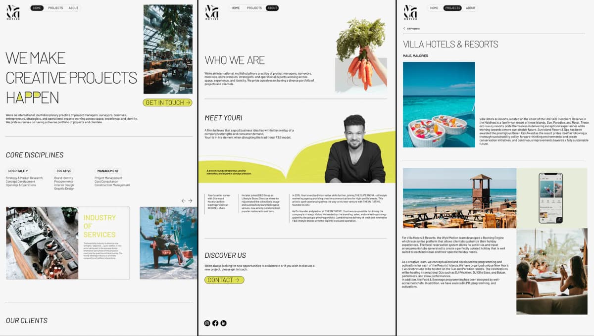 Figma screen designs of all desktop pages of the Wyld motion website.