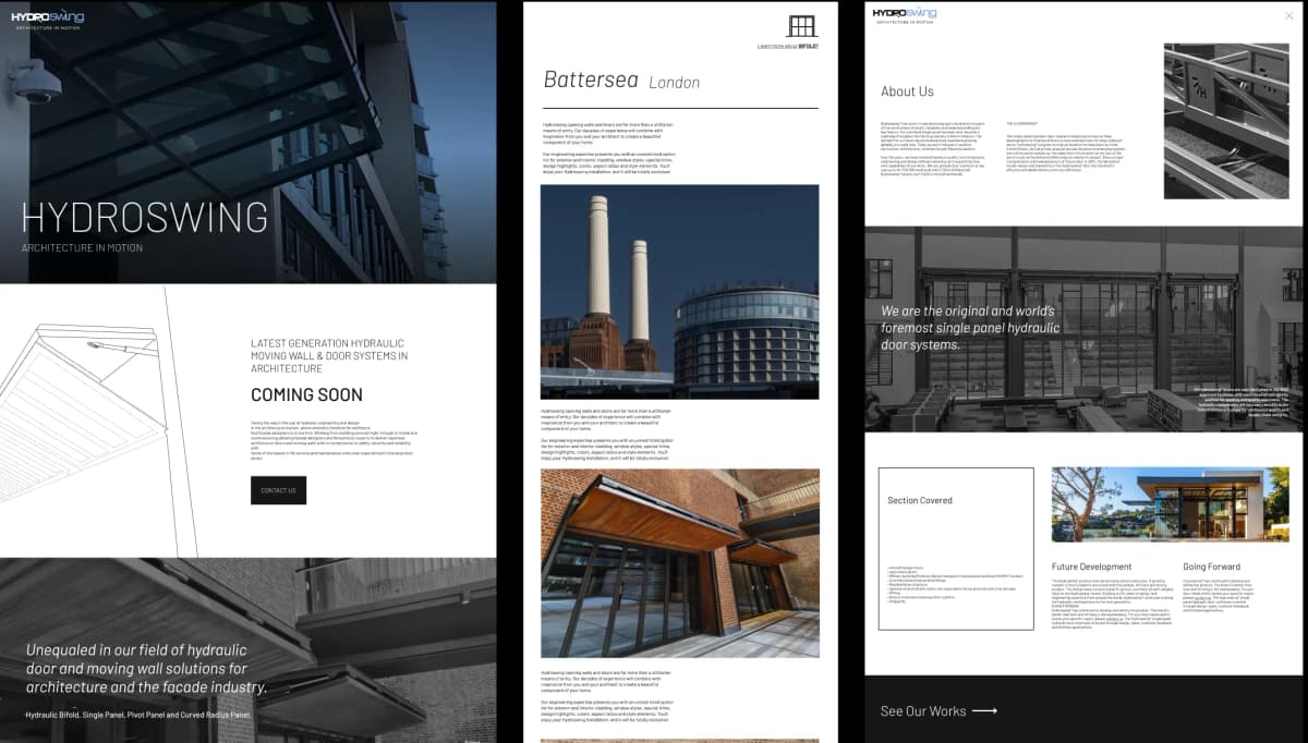 Screen designs of the Hydroswing website